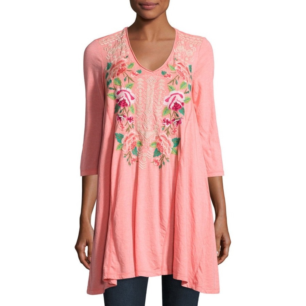 Johnny Was Dorana Floral Embroidered Tunic Top Medium Pink Cottage Boho Chic - Picture 1 of 12